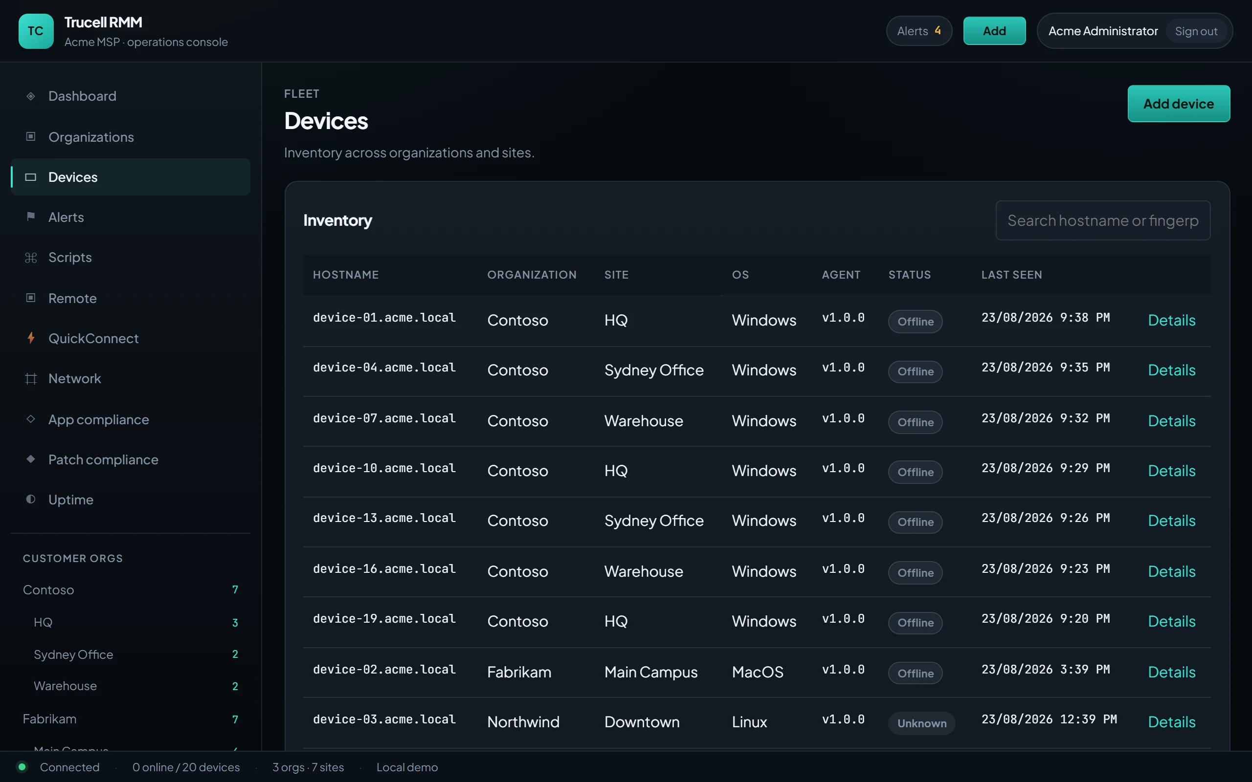 The device inventory: hostname, organization, site, operating system, agent version, status and last-seen time for every endpoint across customers.